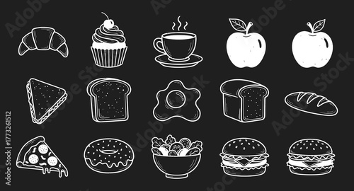Home Baking. Set of different pastries. Cookies, croissants, puffs, macaroons, donuts sketch collection. Hand drawn elements for package, menu, recipe.