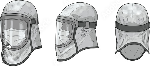 Protective medical hood with transparent face shield, surgical mask, ventilation detail, full head coverage, safety equipment, cad drawing flat vector illustration
