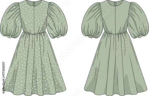Puff sleeve dress design, polka dot fashion illustration, CAD garment template, flat vector drawing, fitted bodice, flared skirt style