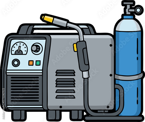 Welding Machine and Gas Cylinder Illustration for Metal Fabrication.