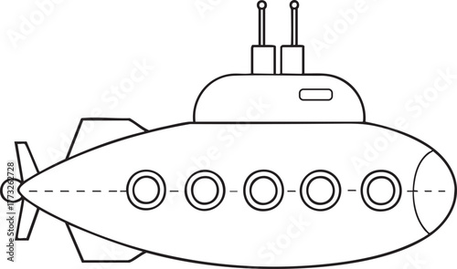 Cartoon submarine outline illustration representing underwater exploration and coloring art
