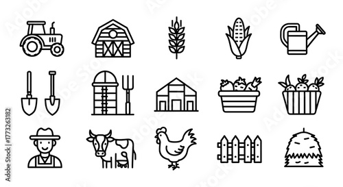 Set of farm and agriculture icons in outline style isolated on white background