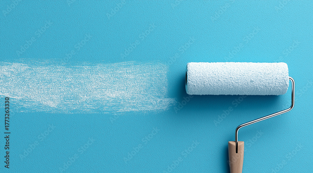 Obraz premium Paint roller applying white paint on blue textured wall