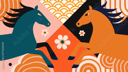 Elegant Chinese New Year 2026 greeting card collection celebrating the Year of the Horse-featuring dynamic horse artwork blended with intricate traditional Chinese motifs, festive red and gold palette