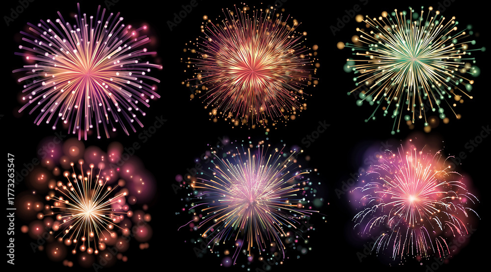 Naklejka premium Six colorful fireworks exploding in the night sky explosion