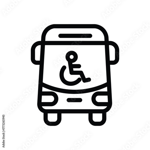 Accessible bus line icon, outline illustration of a bus with a wheelchair symbol, representing public transport accessibility and disability-friendly services