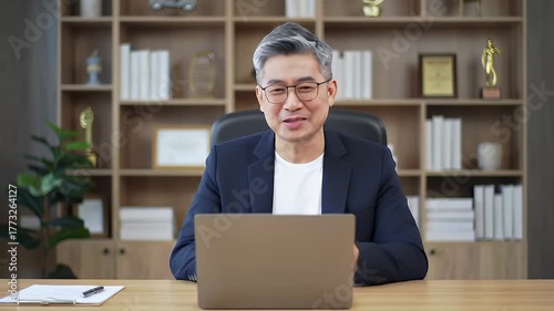 Mature Asian Businessman With Salt And Pepper Hair Smiling And Waving Hello From His Office Desk While Sitting In Front Of A Laptop And A Bookshelf Background During A Video Call
