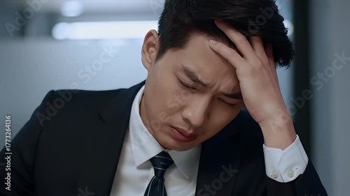 Stressed Asian Businessman Holding Head In Discomfort And Frustration During Indoor Office Meeting With Blurred Background And Soft Lighting