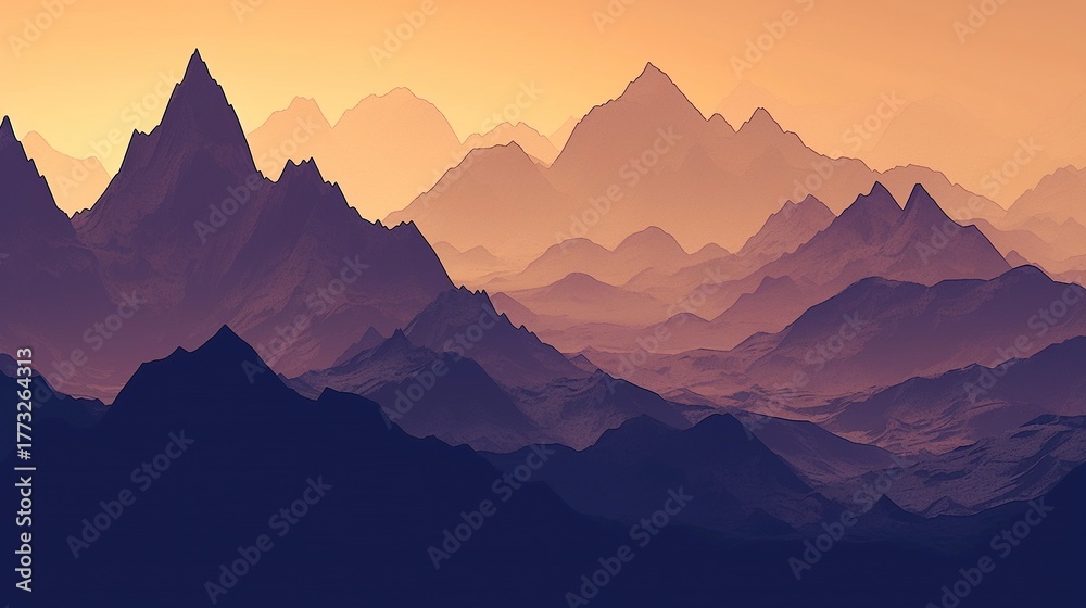 Obraz premium The scenery at sunset features an orange sky highlighting the contours of the mountains, which are gracefully serene, evoking a sense of tranquility and awe for the beauty of nature.
