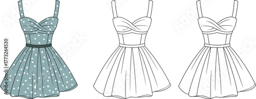 Retro dress design, teal polka dot fashion illustration, CAD garment template, flat vector drawing, sweetheart neckline, flared skirt, belt waist