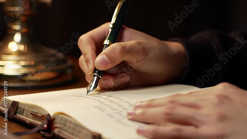 Close Up Of A Person Writing With A Green And Gold Fountain Pen In A Leather Bound Journal On A Wooden Desk With Warm Soft Lighting And A Brass Lamp In The Background