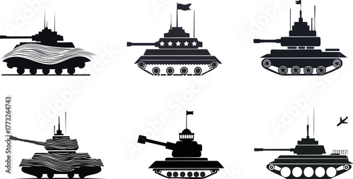 A collection of stylized tank illustrations in black silhouette, showcasing various designs and patterns, emphasizing military themes.