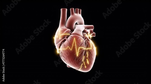 Animated 3D Anatomical Human Heart With Electrical Activity And EKG Wave Form In Dark Background