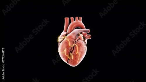 Realistic 3D Rendering of a Human Heart With Yellowish Deposits on a Dark Black Background Medical Anatomy Science Cardiology Healthcare