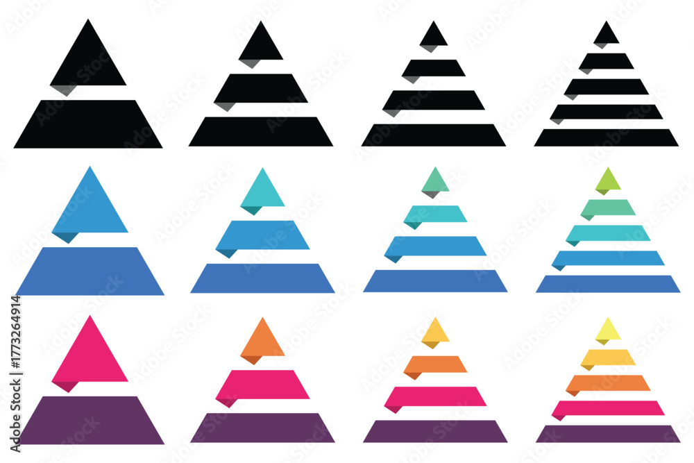 Fototapeta premium Levels of triangular pyramid. Color triangle pyramid chart. Maslow layer diagram. Development level infographic. Business graph. Vector illustration isolated on white background