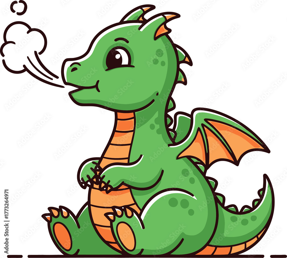 Fototapeta premium Cute Green Cartoon Dragon Sitting and Exhaling Smoke Isolated