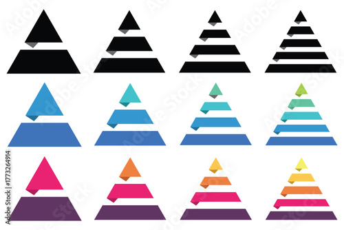 Levels of triangular pyramid. Color triangle pyramid chart. Maslow layer diagram. Development level infographic. Business graph. Vector illustration isolated on white background