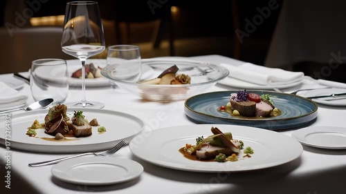 Elegant White Tablecloth Set For Fine Dining With Gourmet Pork Dishes And Crystal Wine Glasses Ready For Service