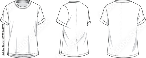 Rolled sleeve t-shirt technical flat, unisex tee vector, crew neck CAD fashion sketch, front side back views apparel template