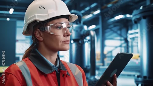 Female Engineer in Orange Safety Vest and White Hard Hat Uses Tablet Computer in Industrial Factory Setting with Blue Toned Background Machinery and Pipes