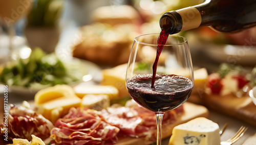 Red wine being poured into a glass with charcuterie and cheese