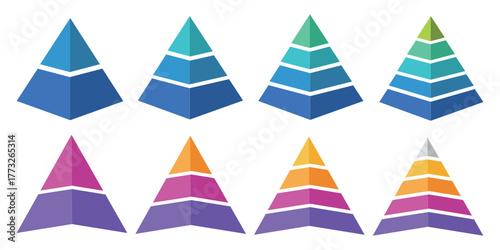 Pyramid infographic set. Colorful vector triangle diagram, triangular pyramid infographics, designed for business presentations, charts, educational materials. pyramid diagrams with ascending levels