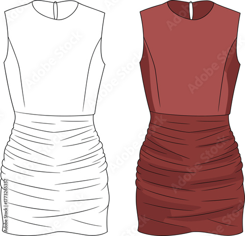 Ruched skirt dress design, sleeveless fashion illustration, CAD garment template, flat vector drawing, round neckline, fitted bodice, zipper back
