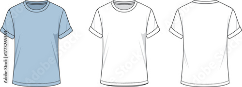 Round neck t-shirt technical sketch vector, front and back view apparel template, fashion design mockup, unisex casual clothing CAD illustration