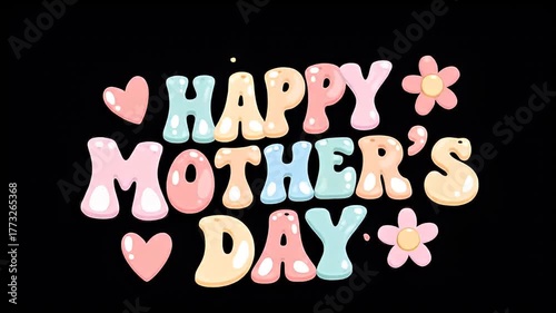 Happy Mothers Day Typography In Pastel Colors With Cute Hearts And Flowers On Black Background