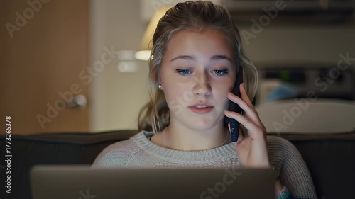 Young Woman With Blonde Braids Talking On Phone While Using Laptop In A Dimly Lit Room Wearing A Cozy Sweater With Soft Lighting Creating A Warm Atmosphere