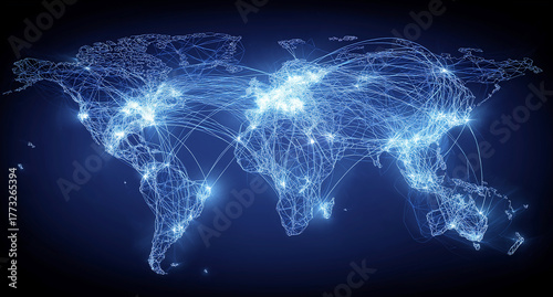 Global network connections with glowing lights on world map
