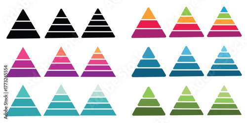 Levels of triangular pyramid. Half triangle pyramid chart. Maslow layer diagram. Development level infographic. Business graph. Vector illustration isolated on white background