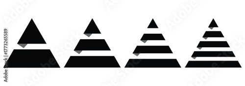 Levels of triangular pyramid. Color triangle pyramid chart. Maslow layer diagram. Development level infographic. Business graph. Vector illustration isolated on white background