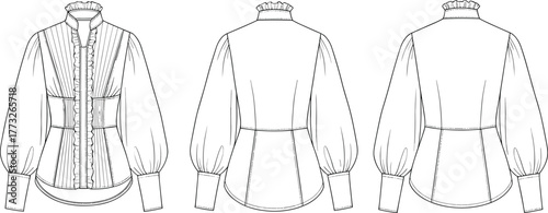 Ruffle front blouse fashion flat sketch, women shirt vector technical drawing, puff sleeve top, apparel design CAD illustration template garment