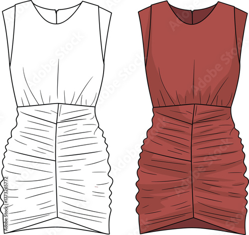 Ruched skirt dress design, sleeveless fashion illustration, CAD garment template, flat vector drawing, round neckline, fitted bodice, zipper closure
