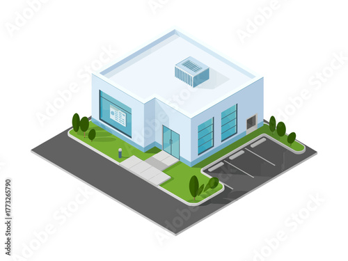 Modern clinic building isometric, small hospital exterior, parking lot and shrubs, urgent care center, healthcare architecture illustration