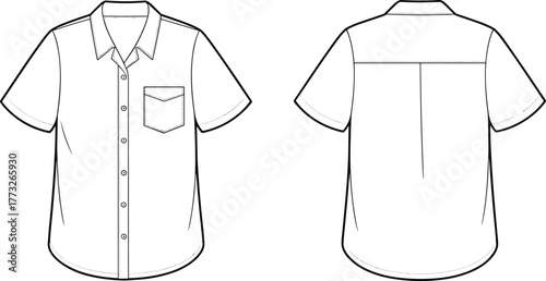 Short sleeve button up shirt fashion template, CAD garment drawing, flat vector illustration, flap chest pocket design, pointed collar sketch, casual clothing outline