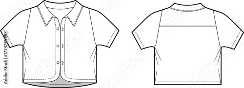 Short sleeve button up shirt fashion template, CAD garment drawing, flat vector illustration, tailored seam design, pointed collar sketch, casual clothing outline