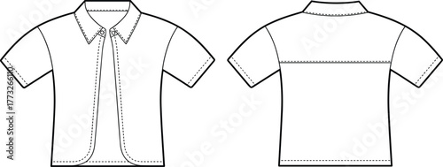Short sleeve shirt fashion template, CAD garment drawing, flat vector illustration, button placket design, pointed collar sketch, casual clothing outline