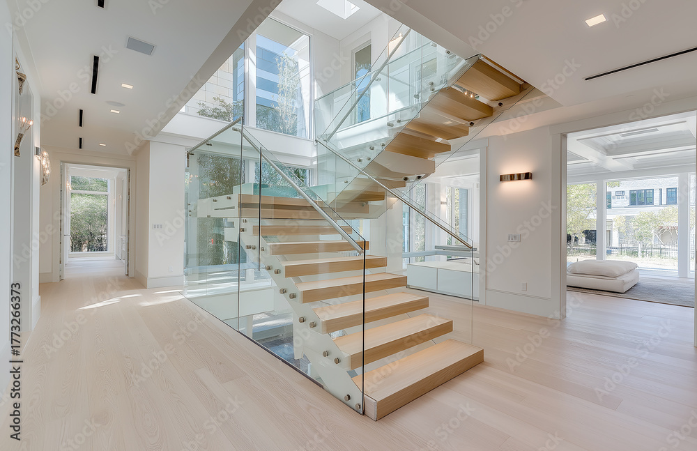 Obraz premium Modern wooden staircase with glass railings and natural light 1