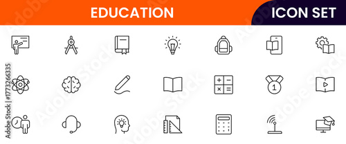 Education vector web line icon collection, sleek illustrations of books, diplomas, e-learning, knowledge for inspiring, academic designs.