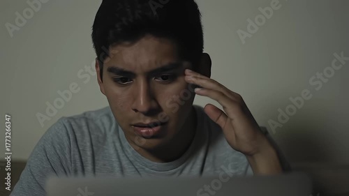 Close Up Of A Young Man Looking At A Laptop Screen With A Concerned Expression In A Dimly Lit Room Wearing A Gray T Shirt