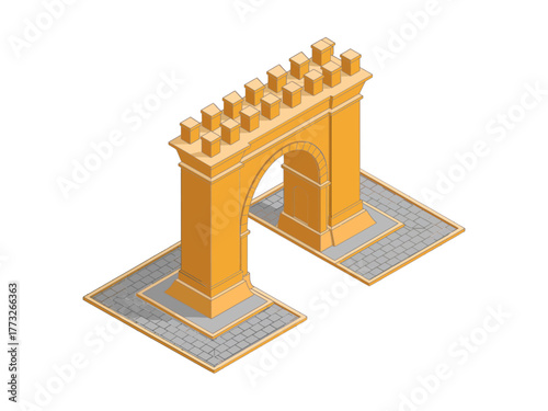 Triumphal arch monument, golden gateway with decorative crenellations, classic plaza base tiles, ceremonial city landmark, isometric architecture vector