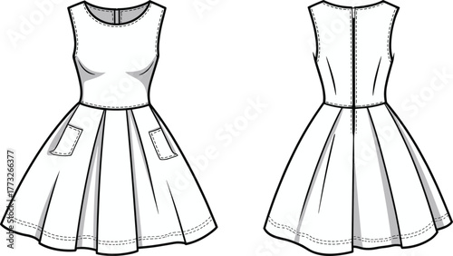 Sleeveless collared wrap dress fashion template, CAD garment drawing, flat vector illustration, belted waist design, pleated skirt sketch, fitted bodice outline