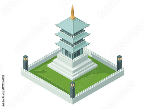 Stone pagoda monument, symmetrical five tier structure within fence, decorative finial, sacred site rendering, isometric traditional temple illustration