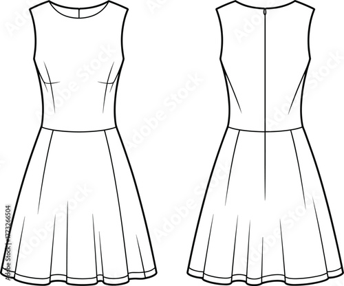 Sleeveless darted dress fashion template, CAD garment drawing, flat vector illustration, flared panel skirt design, fitted bodice sketch, women’s clothing outline