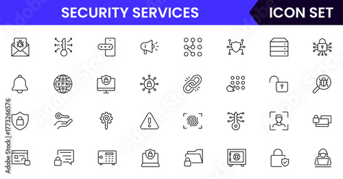 Security vector web line icon collection, sleek illustrations of locks, shields, cameras, cybersecurity for safe, protected digital designs.