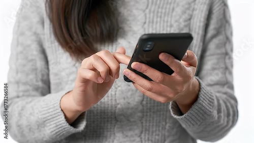 Close Up Of Woman's Hands Wearing A Grey Knit Sweater Typing On A Black Smartphone With A White Background