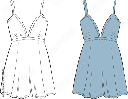 Sleeveless dress design, deep V‑neck fashion illustration, CAD garment template, flat vector drawing, pleated skirt style, fitted bodice, straps