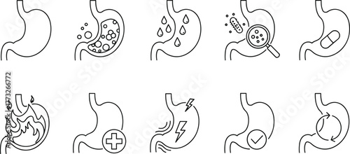 Stomach health icons, digestive conditions, acid reflux, pain symptoms, medical treatment, bacteria, vector illustration, healthcare symbols, black and white